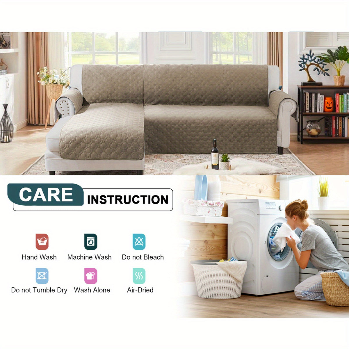 L-Shaped Sectional Sofa Cover 100% Liquid-Resistant Couch Slipcover with Non-Slip Straps for Dogs Cats Pets Left Right Chaise