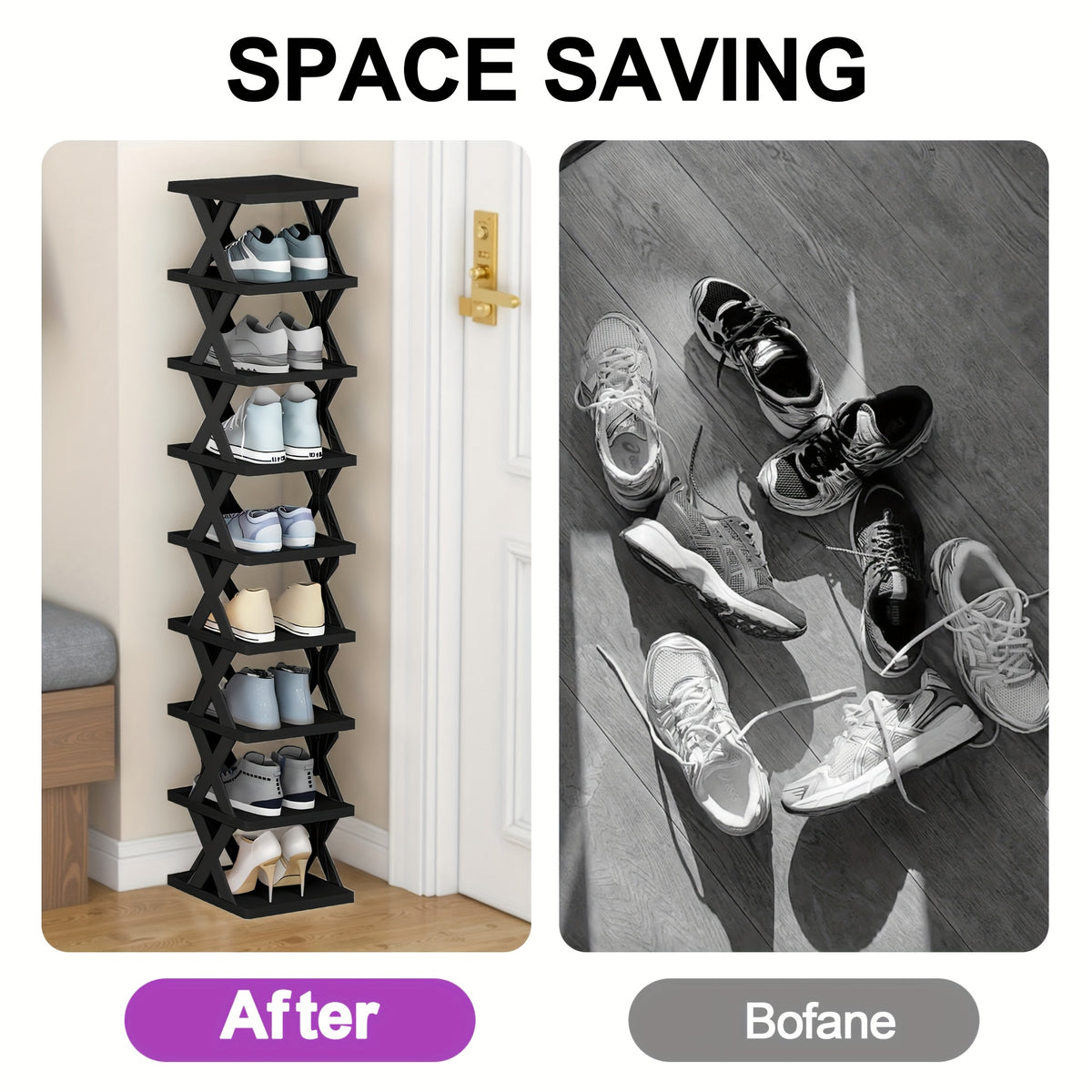 Stackable Shoe Rack Organizer 6 or 9 Tier – Plastic Vertical Shoe Shelf for Entryway, Hallway, Bedroom & Closet, Holds 6–9 Pairs, Easy Assembly, Black or White