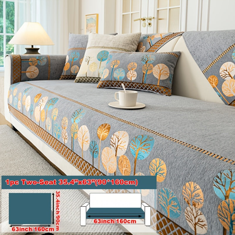 Bohemian Embroidered Sofa Cushion Cover Geometric Tree Leaf Design Pet Friendly Elegant Blue Gold for Living Room Bedroom Office All Sofa Sizes