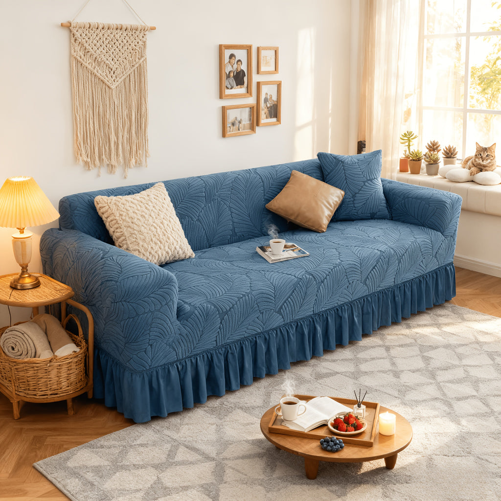 3D Jacquard Sofa Slipcover Full Cover with Elastic Skirt, Pet Proof Anti-Slip Couch Protector for 1 2 3 4 Seater Living Room Sofa, Machine Washable, Gray & Blue, 35 to 118 Inch
