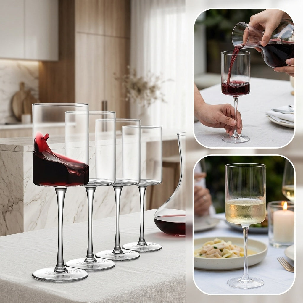 Square Wine Glasses Set of 4 - 15oz Hand Blown Borosilicate Crystal Stemmed Wine Glass for Red & White Wine, Wine Tasting Party Wedding Anniversary Christmas Birthday Gift
