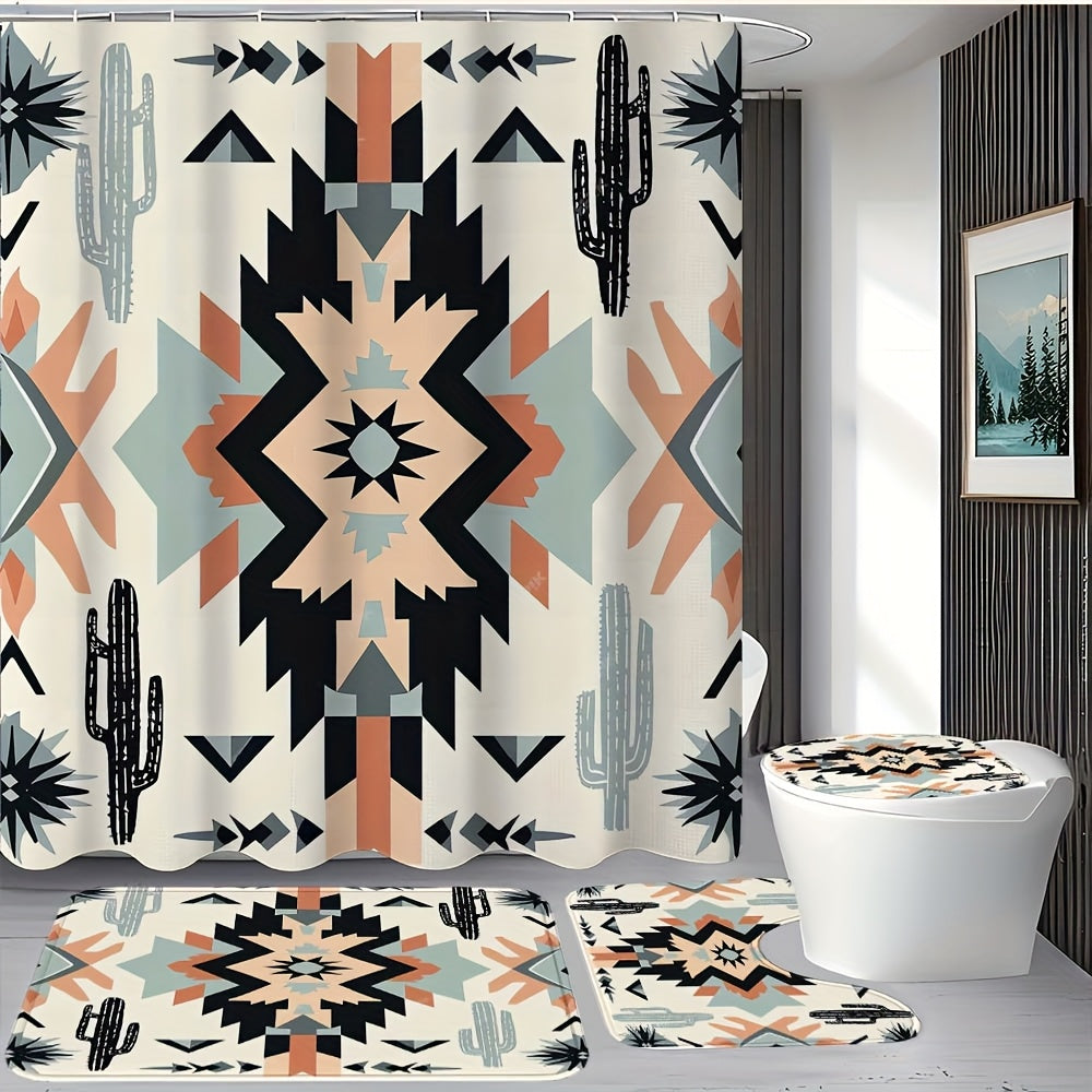 Boho Shower Curtain Set 4 Piece - Bohemian Pattern Bathroom Set with 12 Hooks, Non-Slip Toilet U-Pad & Lid Cover, Colorful Mandala Decor for Apartment Home Bathroom, Holiday Gift