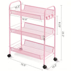 3-Tier Metal Rolling Cart with Wheels - Mesh Wire Utility Storage Trolley with 3 Hooks, Tool-Free Assembly, Rolling Shelving Unit for Kitchen, Bathroom, and Laundry Room