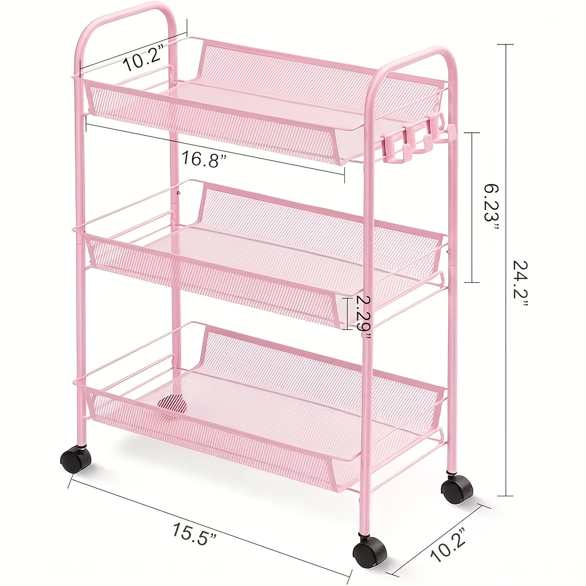 3-Tier Metal Rolling Cart with Wheels - Mesh Wire Utility Storage Trolley with 3 Hooks, Tool-Free Assembly, Rolling Shelving Unit for Kitchen, Bathroom, and Laundry Room