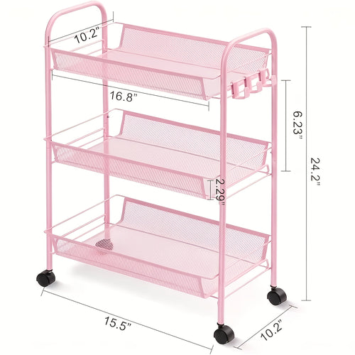 3-Tier Metal Rolling Cart with Wheels - Mesh Wire Utility Storage Trolley with 3 Hooks, Tool-Free Assembly, Rolling Shelving Unit for Kitchen, Bathroom, and Laundry Room
