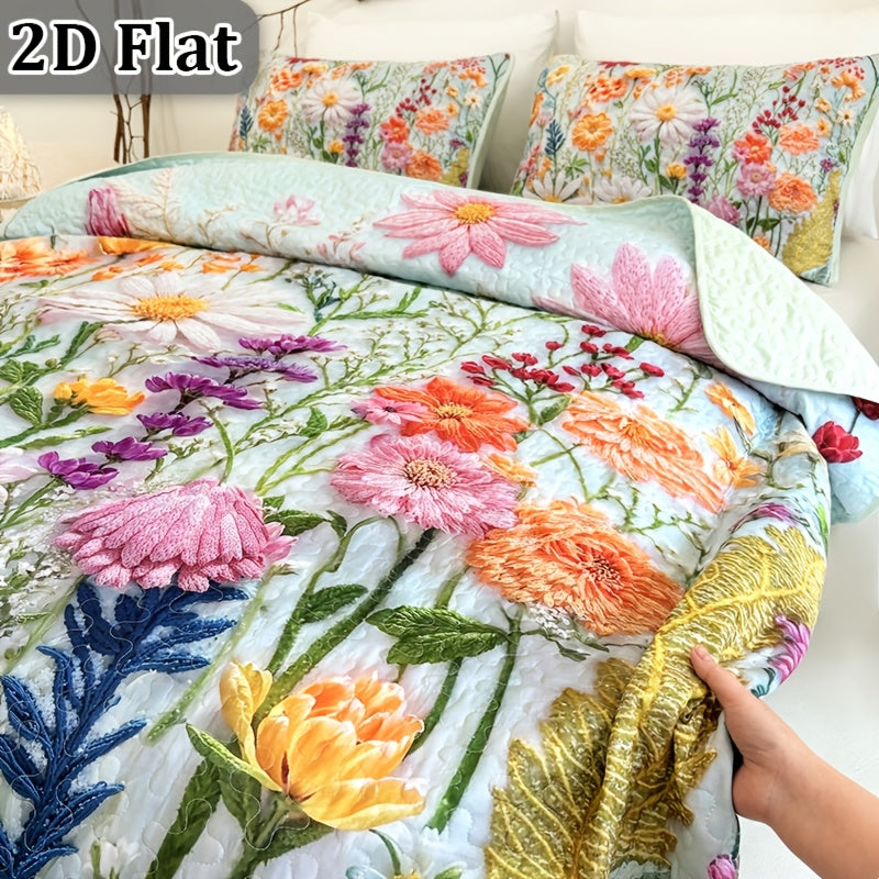 Floral Quilt Set 2 or 3 Piece – Colorful Flowers & Plants Quilted Bedspread with Pillowcases, Soft Breathable Hypoallergenic Machine Washable Bed Cover Twin Queen King