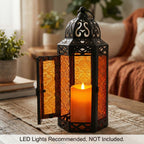 Moroccan Candle Lantern Holder Medium 10.5 Inch – Handcrafted Glass Iron Metal Lantern with Embossed Floral Panels, 17 Colors, Indoor Outdoor Use for Ramadan, Wedding, Patio, Diwali & Home Decor