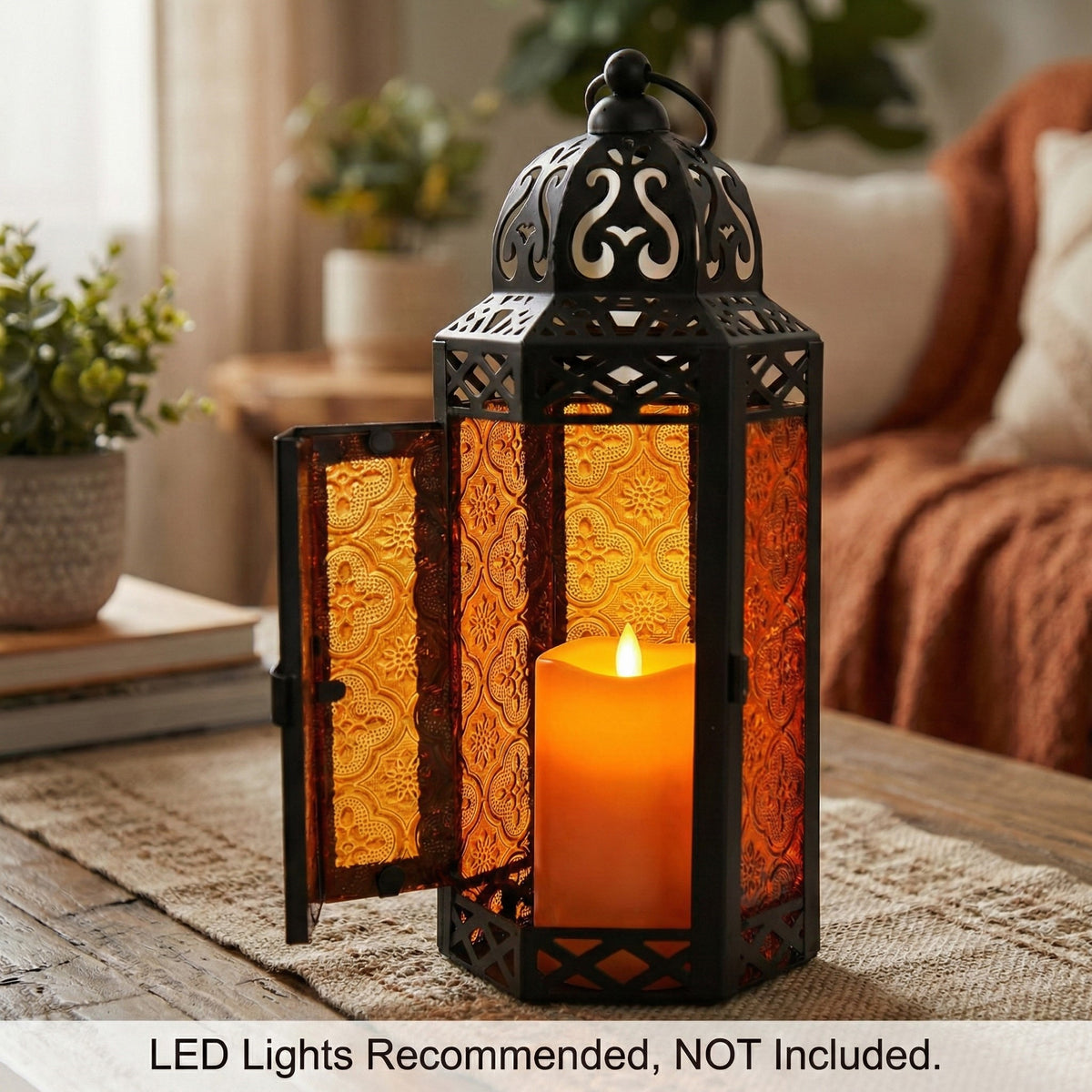 Moroccan Candle Lantern Holder Medium 10.5 Inch – Handcrafted Glass Iron Metal Lantern with Embossed Floral Panels, 17 Colors, Indoor Outdoor Use for Ramadan, Wedding, Patio, Diwali & Home Decor