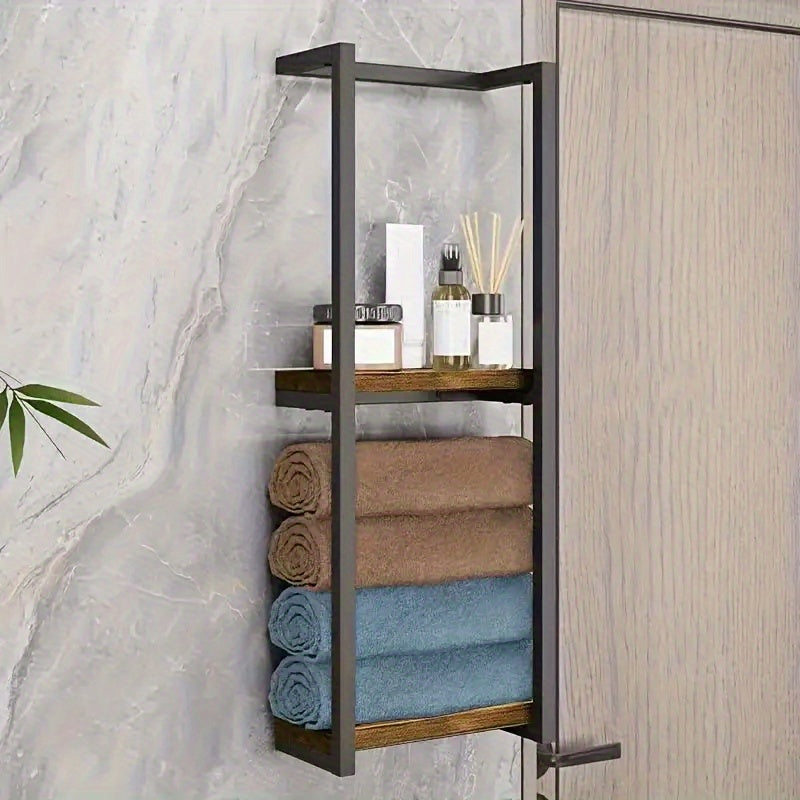 Double Layer Wall Mounted Towel Rack – French Countryside Style Iron Bathroom Storage Rack for Towels & Toiletries, Sturdy Walnut Black Metal Organizer, 1 or 2 Piece Set