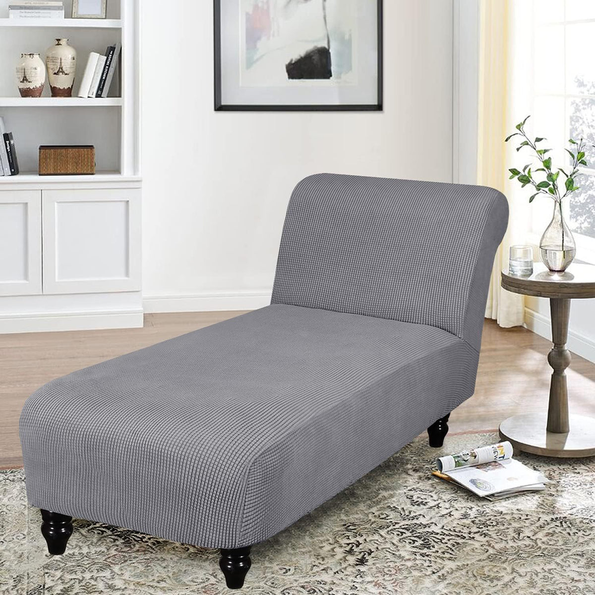 Chaise Lounge Cover Stretch Slipcover – Jacquard Lattice Fabric, Soft Machine Washable Chair Cover with No or Double Armrests for Living Room Bedroom, 11 Colors