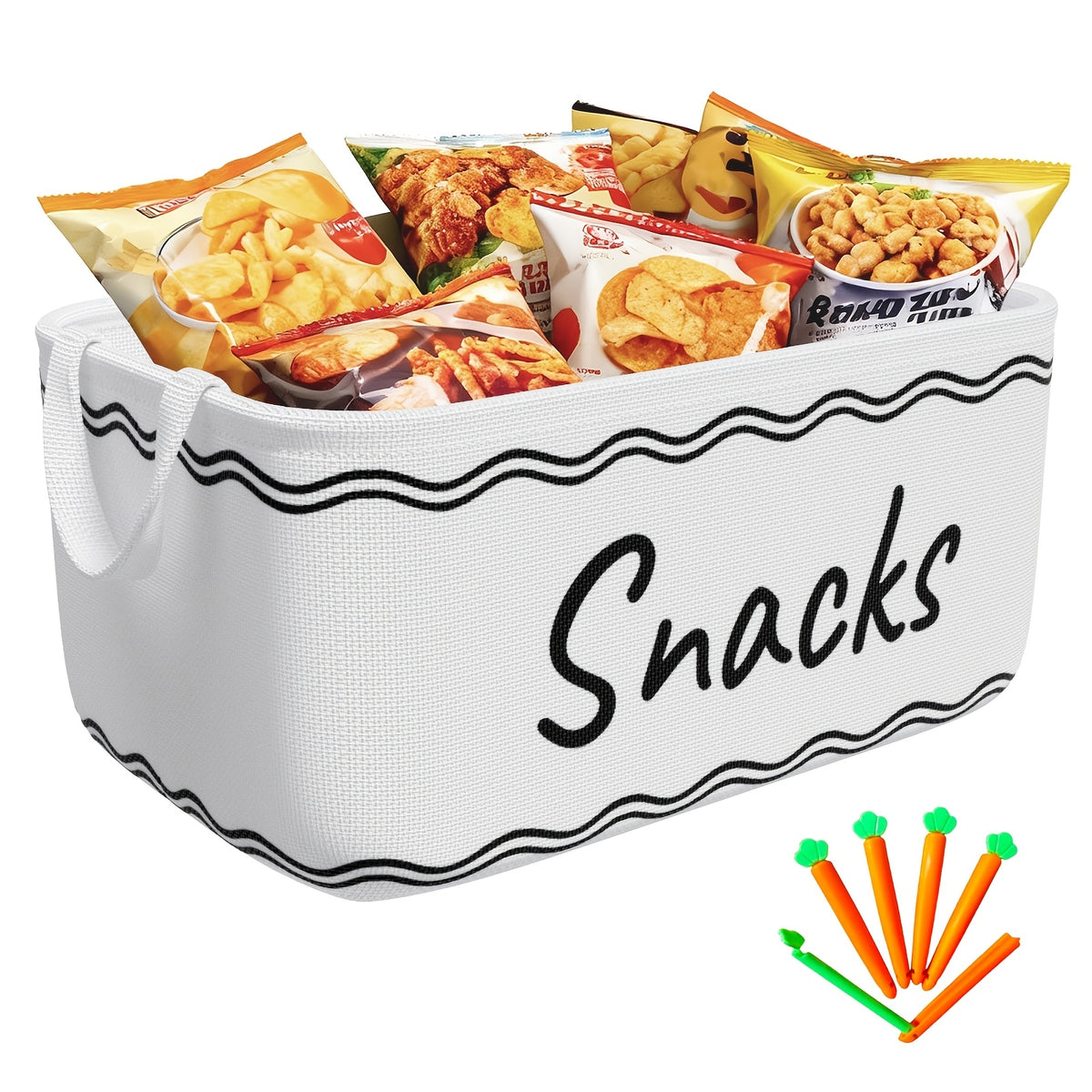 Large Snack Bin Organizer with 5 Chip Clips – Countertop Pantry Snack Basket for Chips, Pretzels, Cookies & Popcorn, Kitchen Organization Shelf Basket
