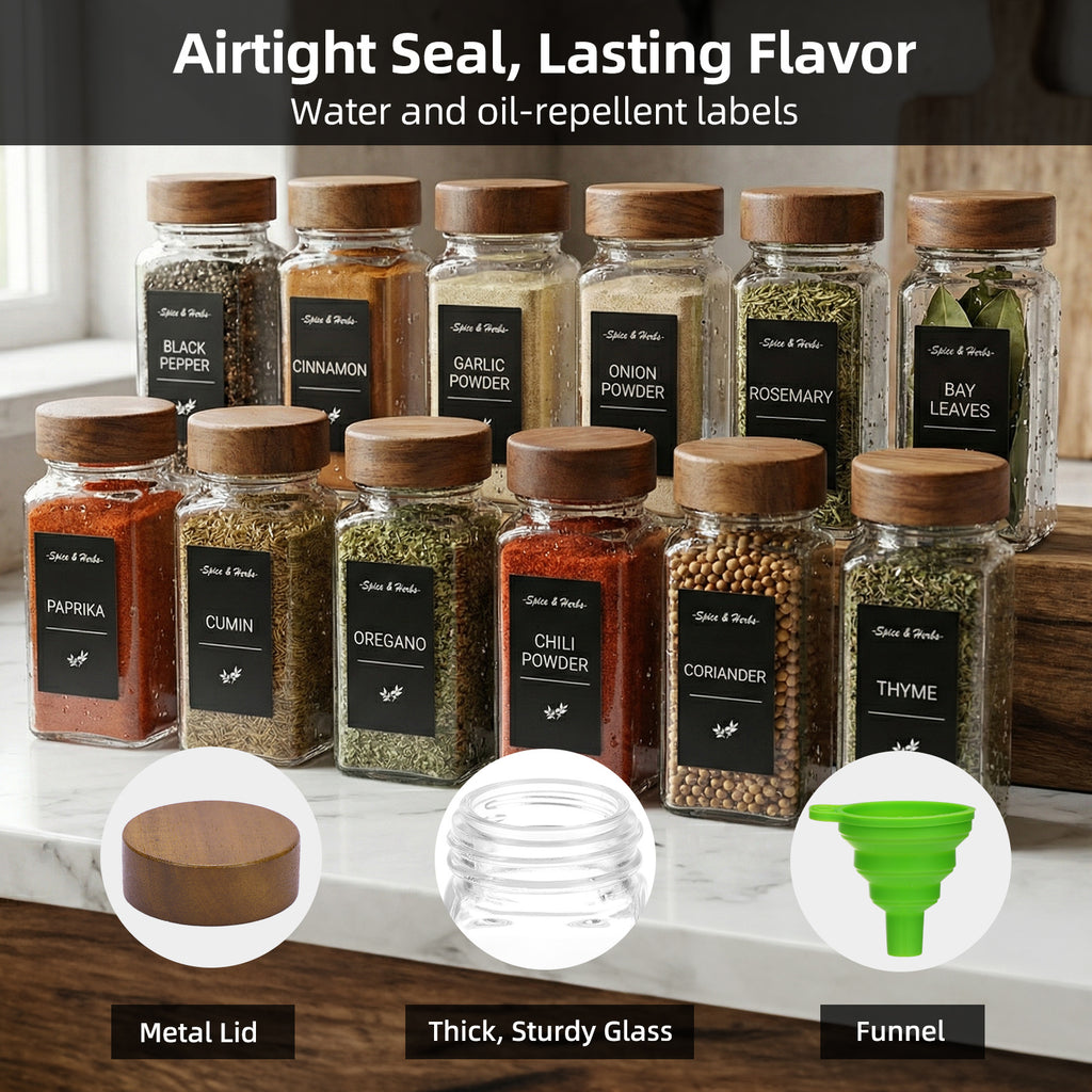 Glass Spice Jars Set with Acacia Wood Lids - 4oz Square Spice Bottles with Shaker Lids, Labels & Grinders for Kitchen Spice Storage and Organization