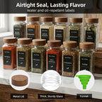Glass Spice Jars Set with Acacia Wood Lids - 4oz Square Spice Bottles with Shaker Lids, Labels & Grinders for Kitchen Spice Storage and Organization