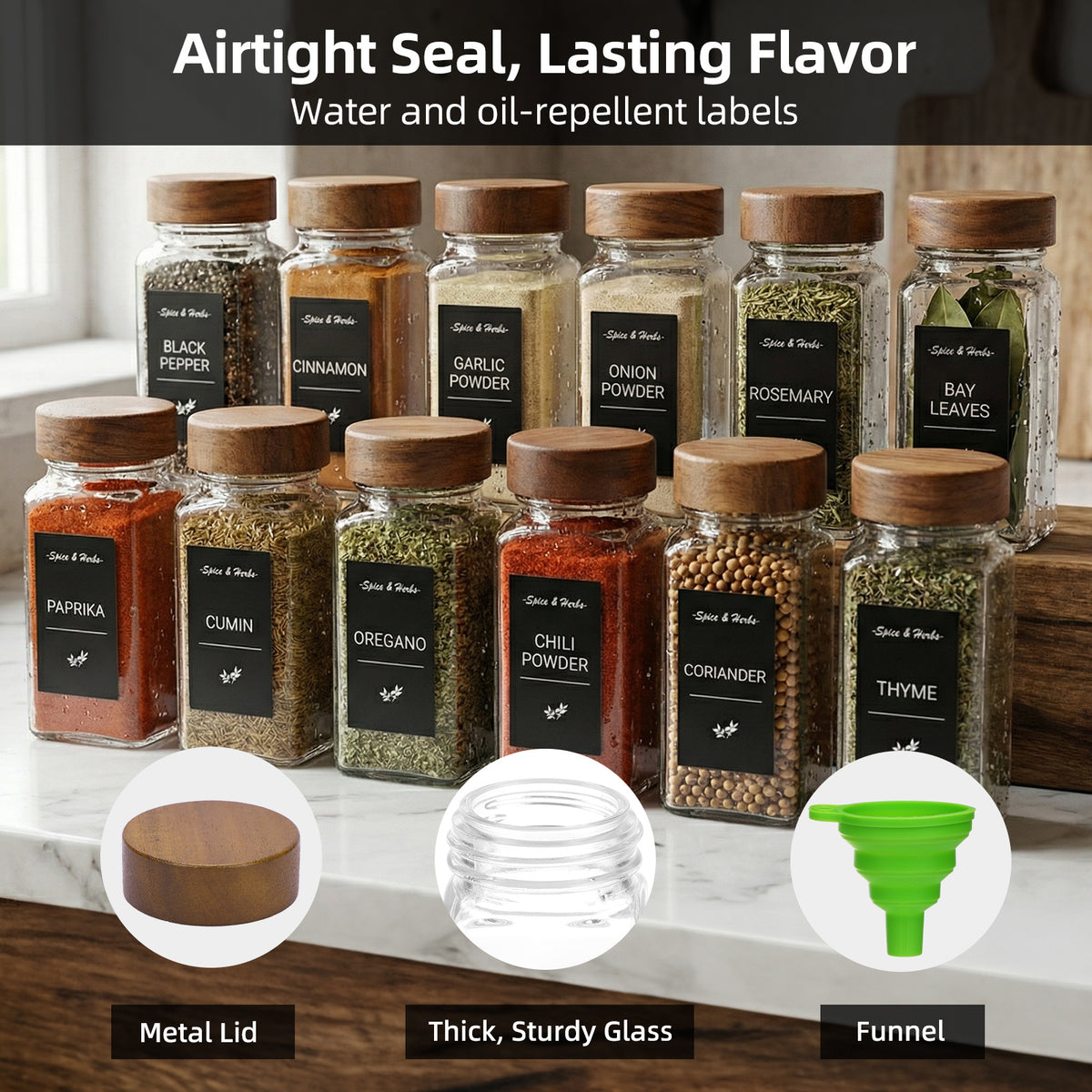 Glass Spice Jars Set with Acacia Wood Lids - 4oz Square Spice Bottles with Shaker Lids, Labels & Grinders for Kitchen Spice Storage and Organization