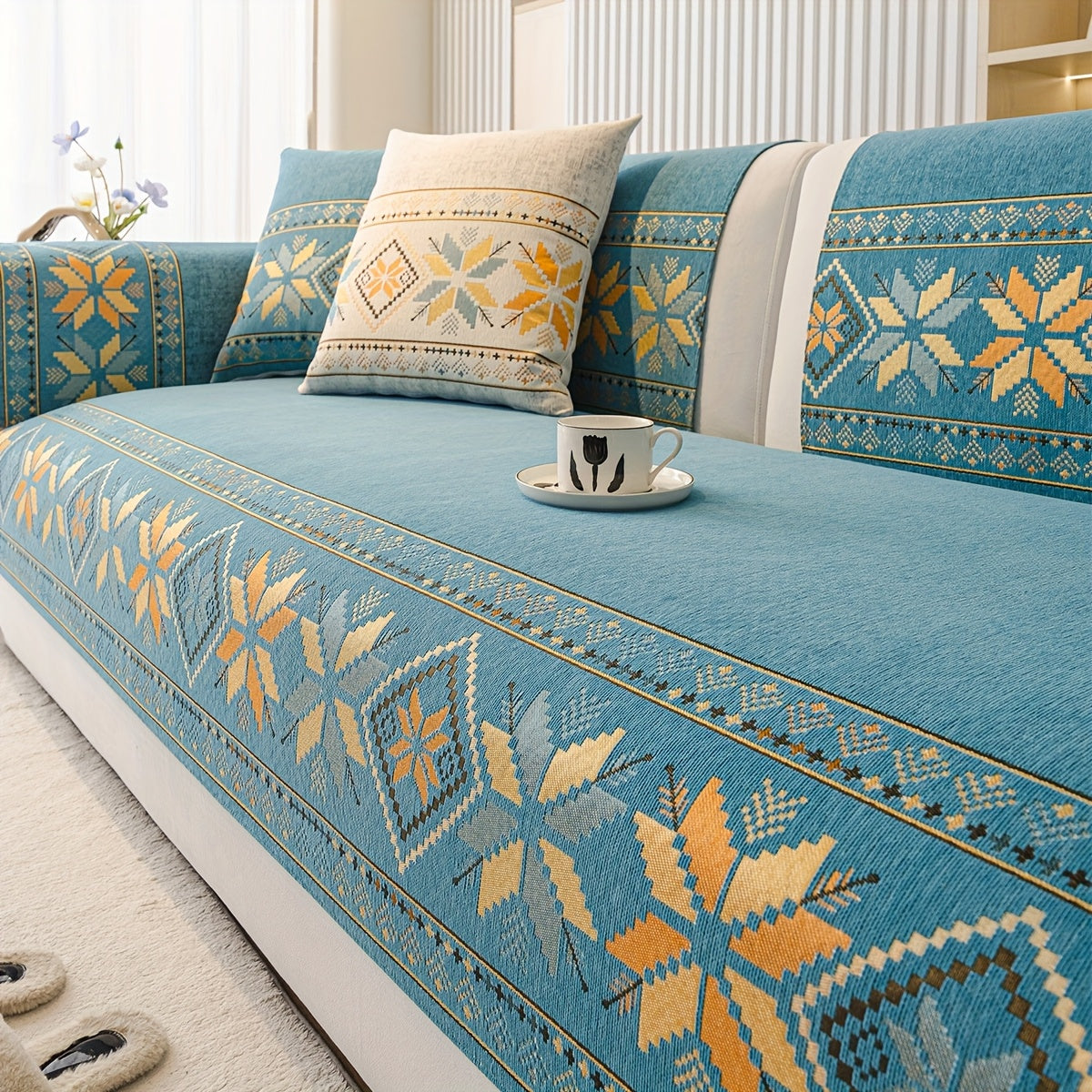 Chenille Sofa Slipcover Non-Slip Removable Couch Cover, 100% Polyester Boho Vintage Style Sofa Towel for 1 to 4-Seater Sofas & Armrests, Four Seasons Universal Home Decor in Dark Gray, Light Gray & Blue