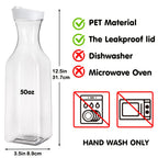 50oz Clear Plastic Water Carafe with Flip-Top Lid, Set of 4 – Square Base Juice Pitcher for Water, Iced Tea, Cold Brew & Mimosa Bar (Hand Wash Only)