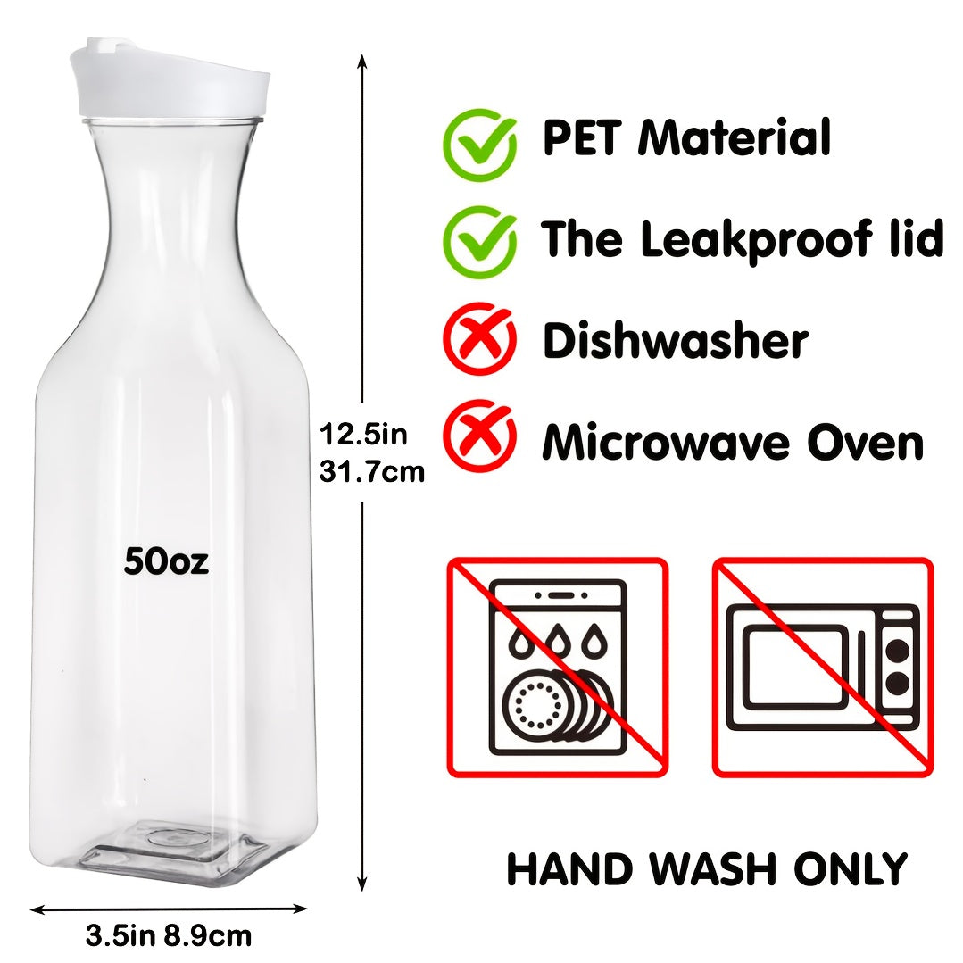 50oz Clear Plastic Water Carafe with Flip-Top Lid, Set of 4 – Square Base Juice Pitcher for Water, Iced Tea, Cold Brew & Mimosa Bar (Hand Wash Only)