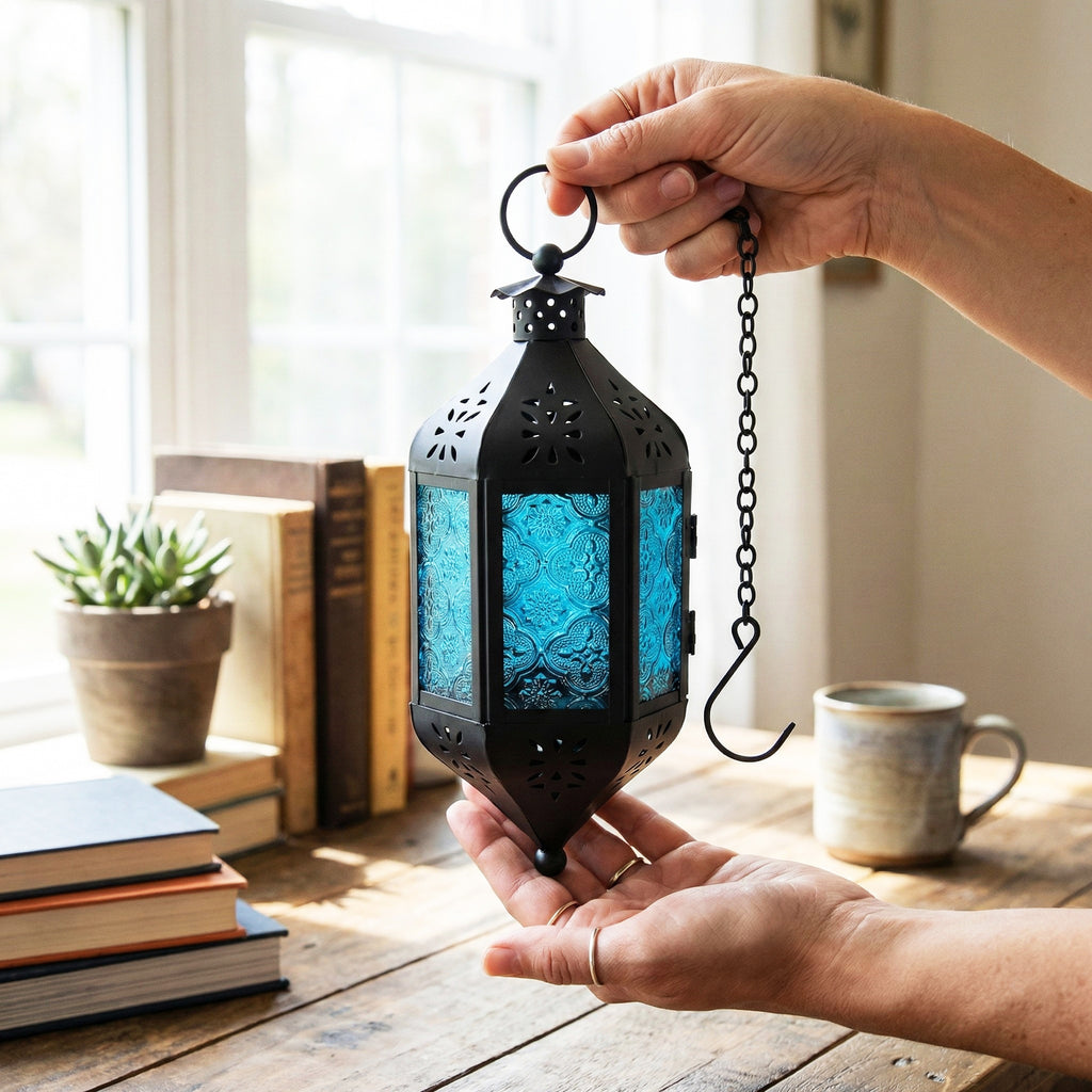 Moroccan Hanging Candle Lantern with Chain – Vintage Boho Style Iron & Glass Tealight Holder for Home, Patio, Garden, Wedding & Ramadan Decor (23.5" Overall)