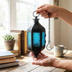 Moroccan Hanging Candle Lantern with Chain – Vintage Boho Style Iron & Glass Tealight Holder for Home, Patio, Garden, Wedding & Ramadan Decor (23.5" Overall)