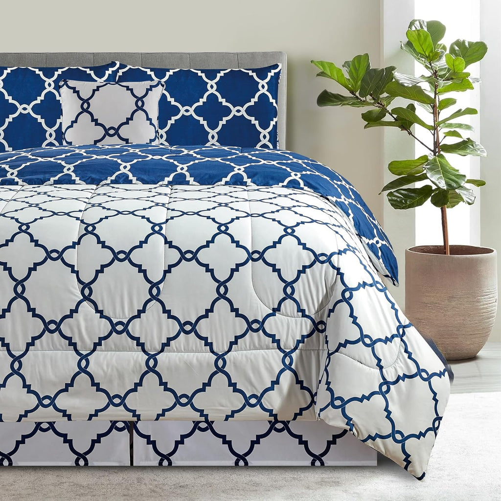 5-Piece Comforter Set – Reversible Quilted Down Alternative Bedding Set with Pillow Shams, Bed Skirt & Cushion | All Season | Twin, Queen, King