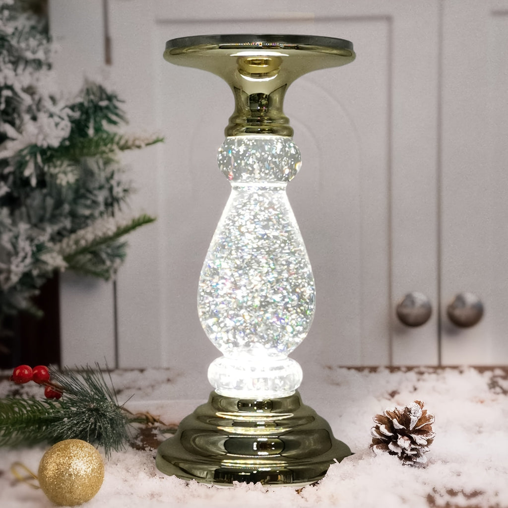 LED Swirling Candle Holder with On/Off Switch – Polished Acrylic Pedestal Base for 3-Wick Candles, Elegant Home Décor & Holiday Gift, Silver & Gold