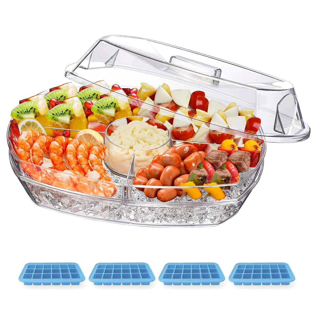 Chilled Serving Tray on Ice with Lid 15 Inch Clear Party Platter with Forks and Pliers for Shrimp Fruit Vegetables Salad Sushi Appetizer Display