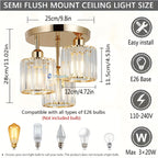 Crystal Semi Flush Mount Ceiling Light 3-Light Modern Chandelier with Transparent Glass Shades for Kitchen Hallway Bedroom Living Room – Black or Gold