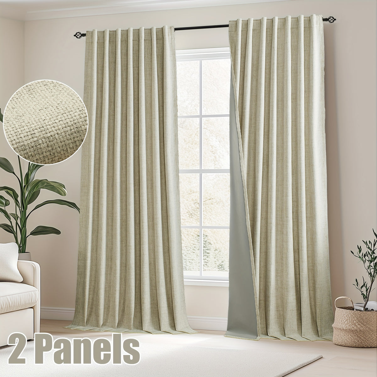 Faux Linen Blackout Curtains 2 Panels for Bedroom & Living Room – 100% Blackout, Back Tab & Rod Pocket, Thermal Insulated Farmhouse Drapes
