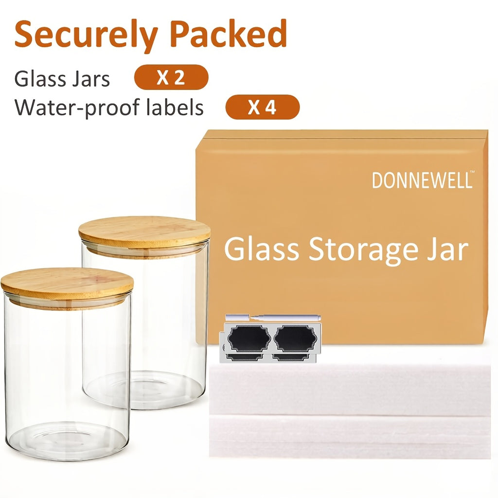 Glass Canisters for Kitchen Counter Set of 2 Large 101oz Airtight Lids, Wooden Lid Cookie Jars, Food Storage Containers for Sugar, Flour, Pasta, Coffee Beans & Candy
