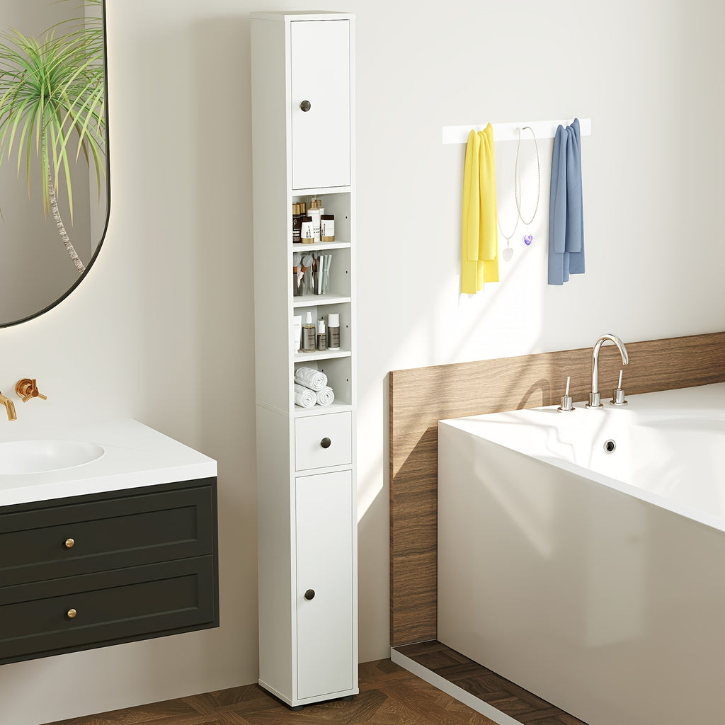 Tall Narrow Storage Cabinet with Doors Drawer & Adjustable Shelves – Freestanding Linen Tower for Bathroom Hallway Entryway Small Spaces