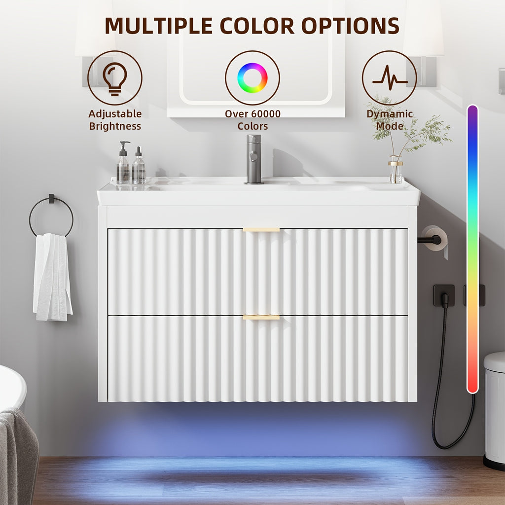 Floating Bathroom Vanity with Sink 24 Inch LED Light Wall Mounted 3-Hole Ceramic Basin Wave Line Design Soft Close Drawers for Small Spaces Black White