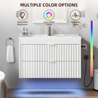 Floating Bathroom Vanity with Sink 24 Inch LED Light Wall Mounted 3-Hole Ceramic Basin Wave Line Design Soft Close Drawers for Small Spaces Black White