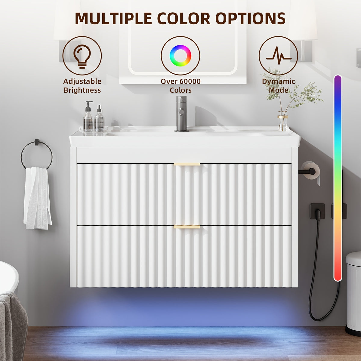 Floating Bathroom Vanity with Sink 24 Inch LED Light Wall Mounted 3-Hole Ceramic Basin Wave Line Design Soft Close Drawers for Small Spaces Black White