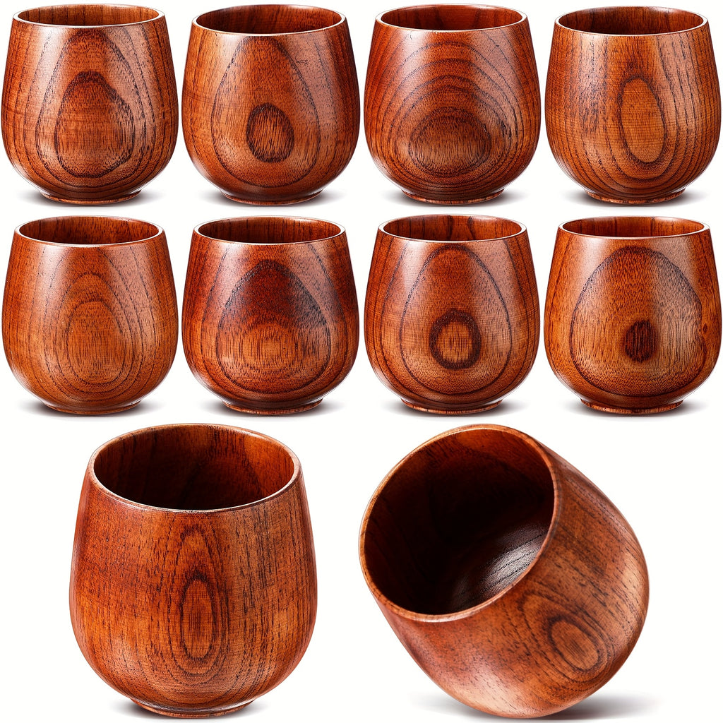 Wooden Tea Cups Set of 10 | Japanese Solid Wood Coffee Mugs 6oz Natural Drinking Teacup for Milk Hot Drinks Home & Kitchen