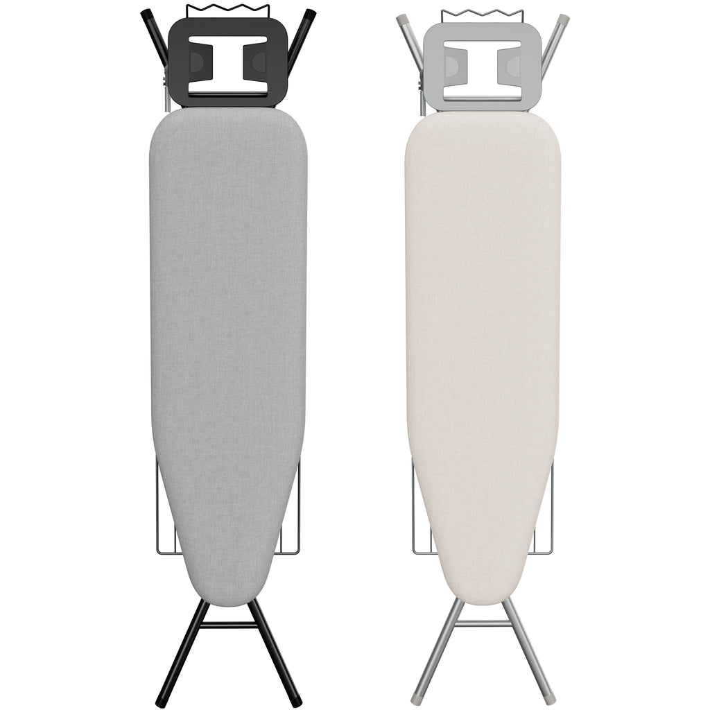 Full-Size Foldable Ironing Board Height-Adjustable – Heavy-Duty Steel Legs, 4-Layer Padding, Iron Rest, Cord Holder & Storage Rack for Laundry Room, Living Room & Dorm | Beige & Gray