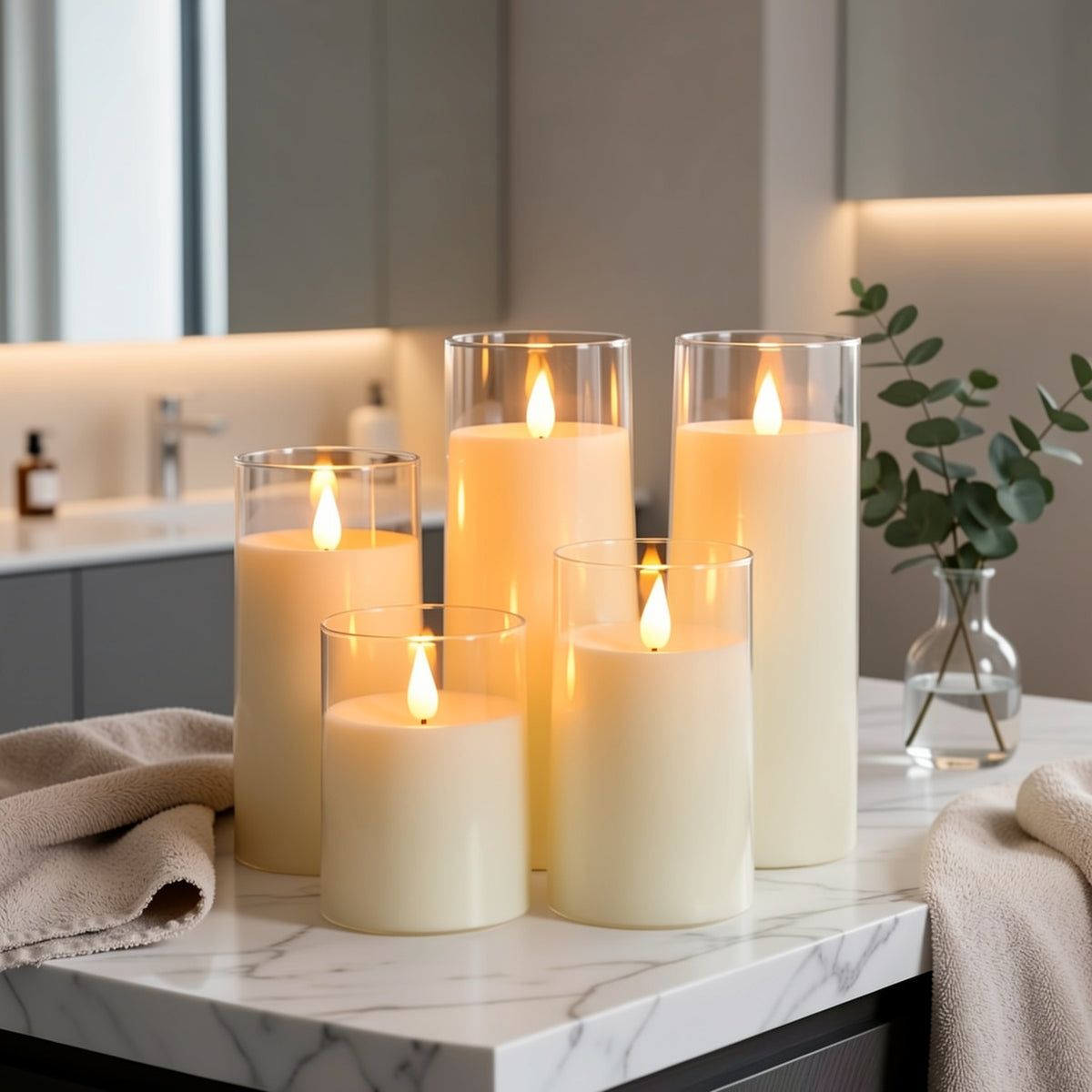 Flameless LED Pillar Candles Set of 5 with Remote Control & Timer, Battery Operated Flickering Candles, 3-Inch Diameter Organic Glass, 4" 5" 6" 8" Sizes - Ivory, Gray & Amber for Home & Halloween Decor