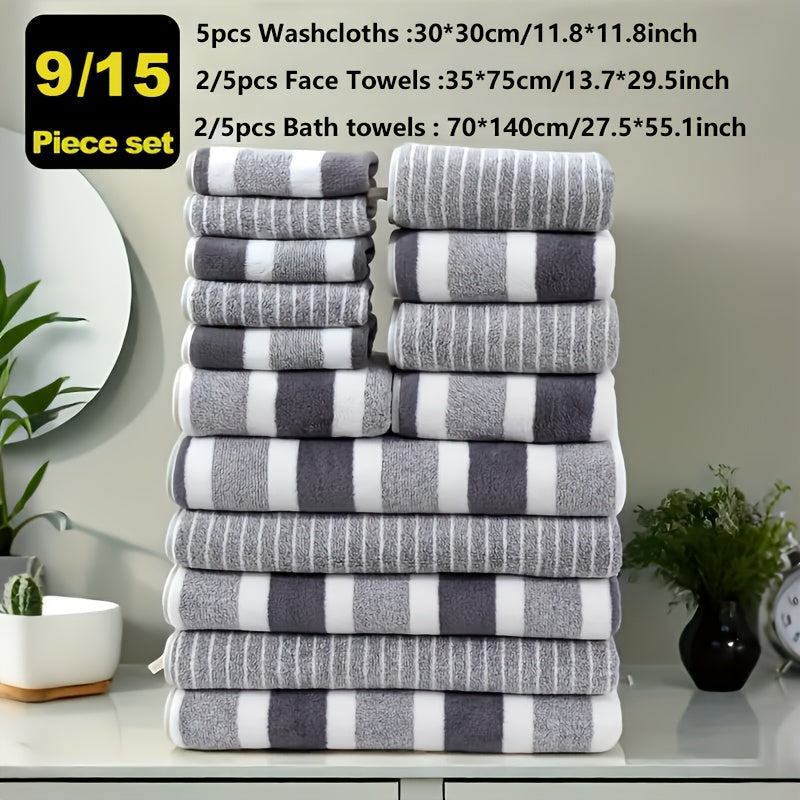 Classic Striped Bath Towel Set – 9 or 15 Piece No-Hair-Loss Super Absorbent Two-Color Towel Bundle | Large Bath Towels, Face Towels & Hand Towels for Bathroom & Beach