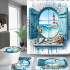 Lighthouse Shower Curtain Set 4 Piece - Window View Pattern Bathroom Set with Shower Curtain, Toilet Seat Cover, U-Shape Mat & 12 Hooks, Apartment Hotel Bathroom Decor