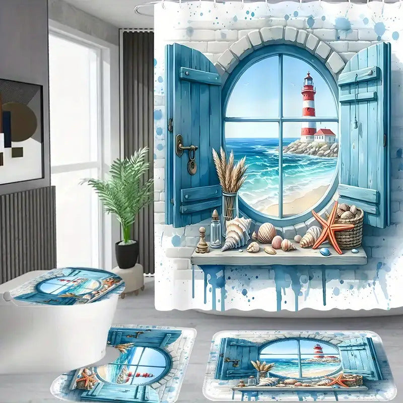 Lighthouse Shower Curtain Set 4 Piece - Window View Pattern Bathroom Set with Shower Curtain, Toilet Seat Cover, U-Shape Mat & 12 Hooks, Apartment Hotel Bathroom Decor