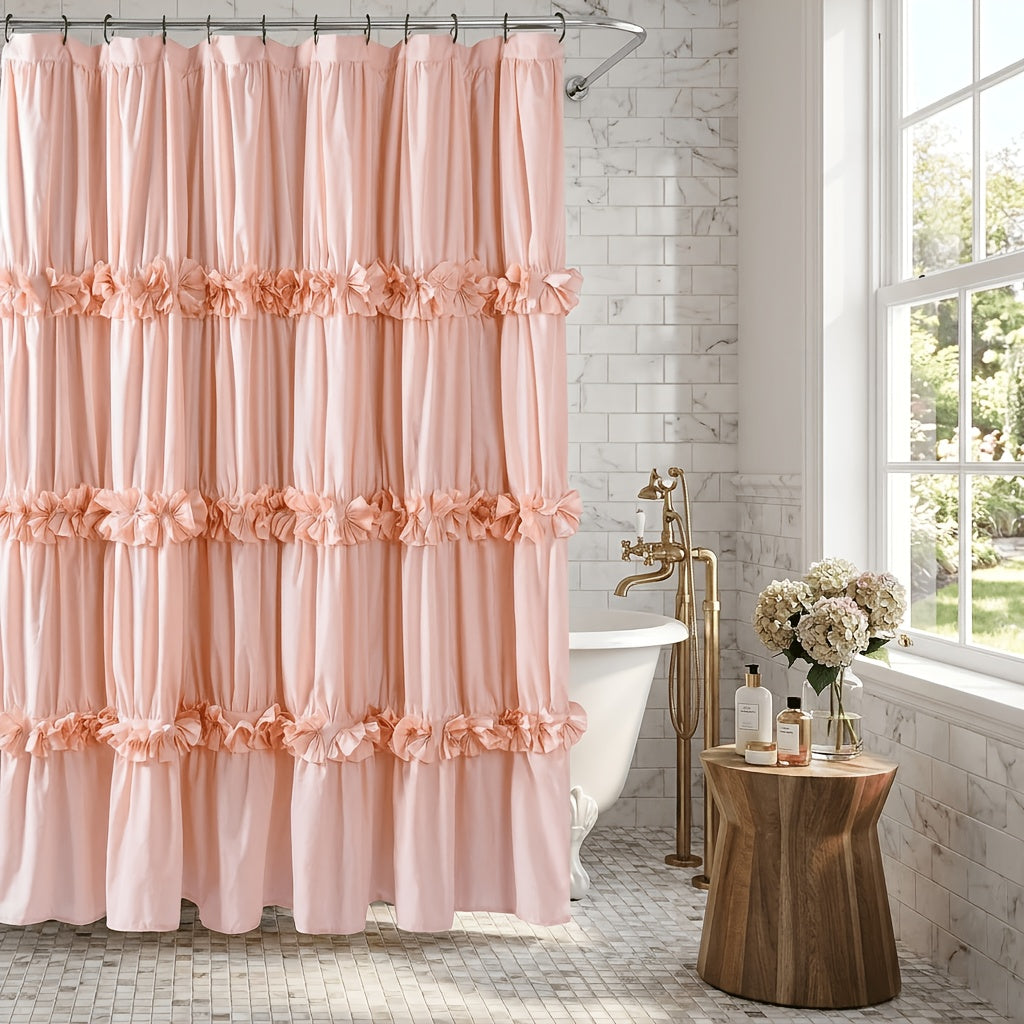 Bow Tie Ruffle Shower Curtain Vintage Handcrafted - Waterfall Ruched Fabric Bath Curtain with Hooks, Quick Dry Machine Washable, Farmhouse Romantic Decor, Multiple Sizes & Colors