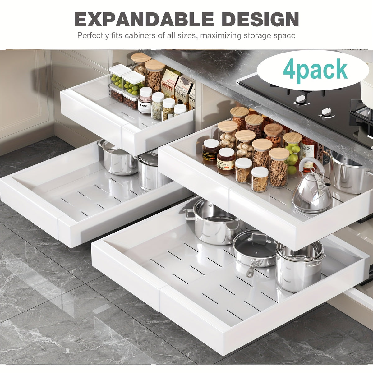 Pull Out Cabinet Organizer Shelf – Expandable Sliding Storage Drawer, Heavy Duty Carbon Steel, No Drill Under Sink Basket for Kitchen, Bathroom & Laundry, 2/4/6 Pack