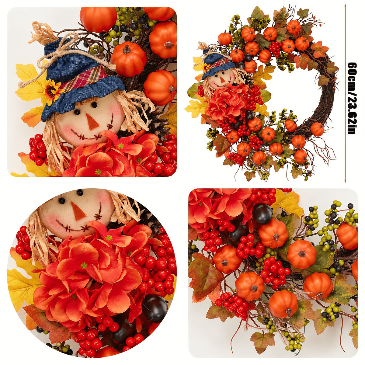 Fall Thanksgiving Wreath Decor – Pumpkin Leaves Floral Doll Autumn Wreath for Front Door, Indoor & Outdoor Walls, Windows, Family & Holiday Party, Christmas Winter Home Decor