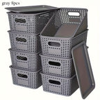 Plastic Storage Basket Set of 8 with Lids - Desktop & Shelf Organization Bins for Documents, Office, Home & Bedroom Storage, Multi-Functional Stackable Baskets - Grey, Black & White