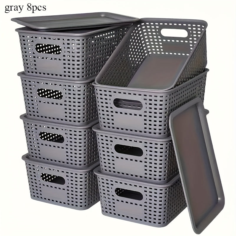 Plastic Storage Basket Set of 8 with Lids - Desktop & Shelf Organization Bins for Documents, Office, Home & Bedroom Storage, Multi-Functional Stackable Baskets - Grey, Black & White