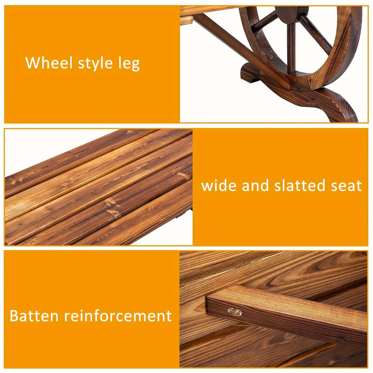 Rustic Hardwood Garden Bench 2-Person Wagon Wheel Design – Heavy-Duty Wide Seat & Curved Backrest Outdoor Patio Bench for Porch & Backyard