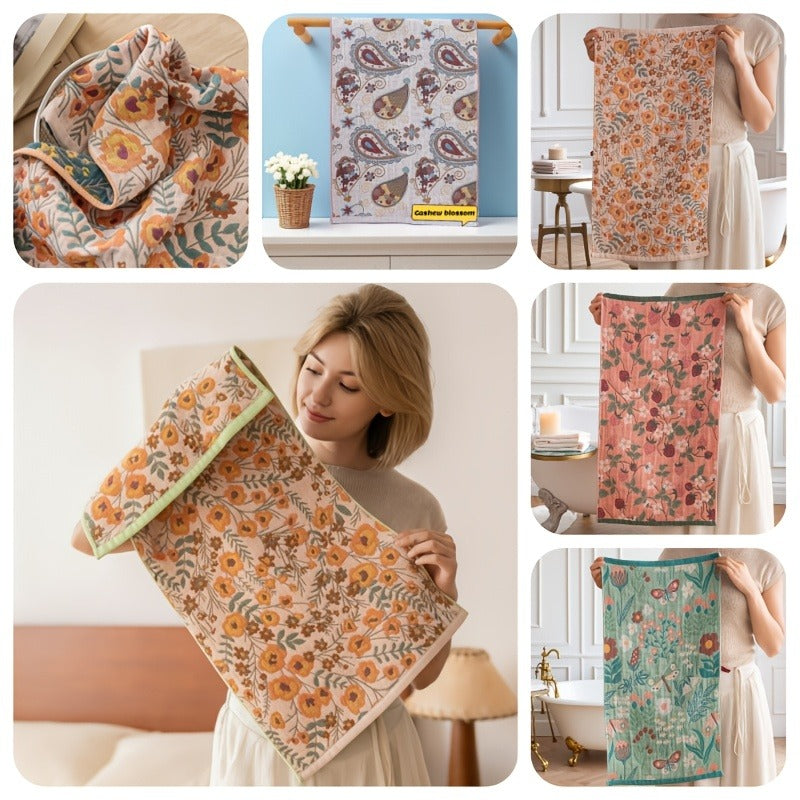 Four-Layer Gauze Jacquard Hand Towel & Kitchen Towel Set Thickened Soft Absorbent Quick Dry - Floral Pastoral Style Multi-Function 4 Designs | Nuvia Haven