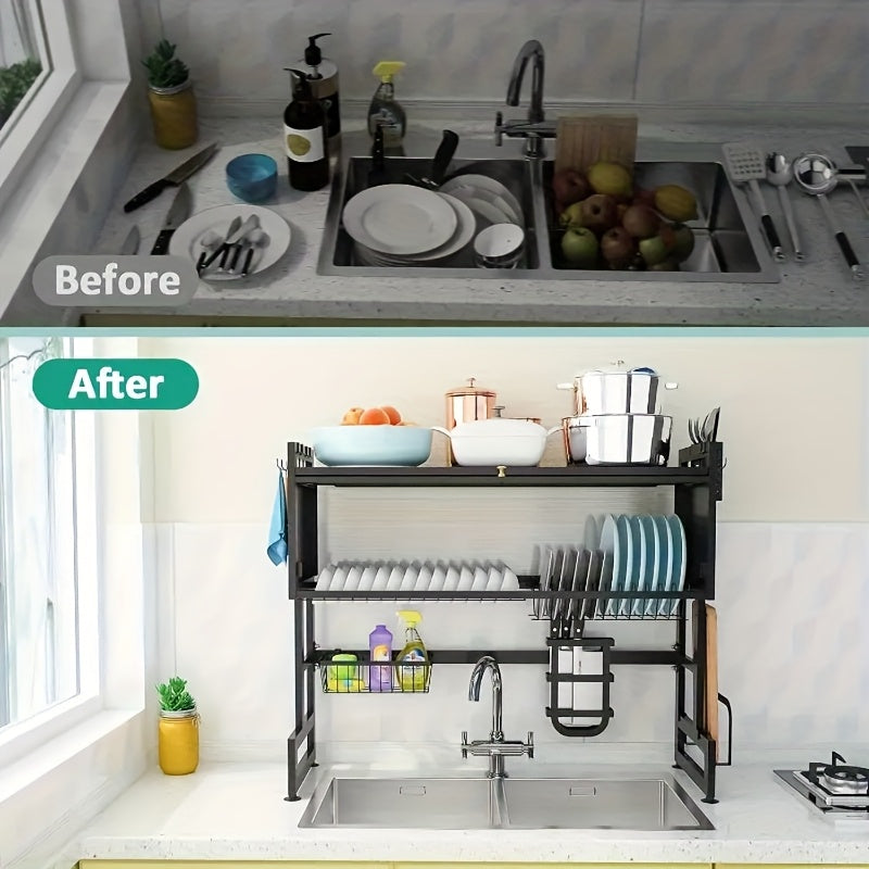 Multi-Tier Dish Rack with Dust-Proof Cover – Black Kitchen Countertop Drying Rack for Dishes, Drain Rack for Kitchen Sink, Space-Saving Utensil Storage Organizer for Household Kitchen
