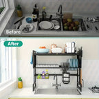 Multi-Tier Dish Rack with Dust-Proof Cover – Black Kitchen Countertop Drying Rack for Dishes, Drain Rack for Kitchen Sink, Space-Saving Utensil Storage Organizer for Household Kitchen