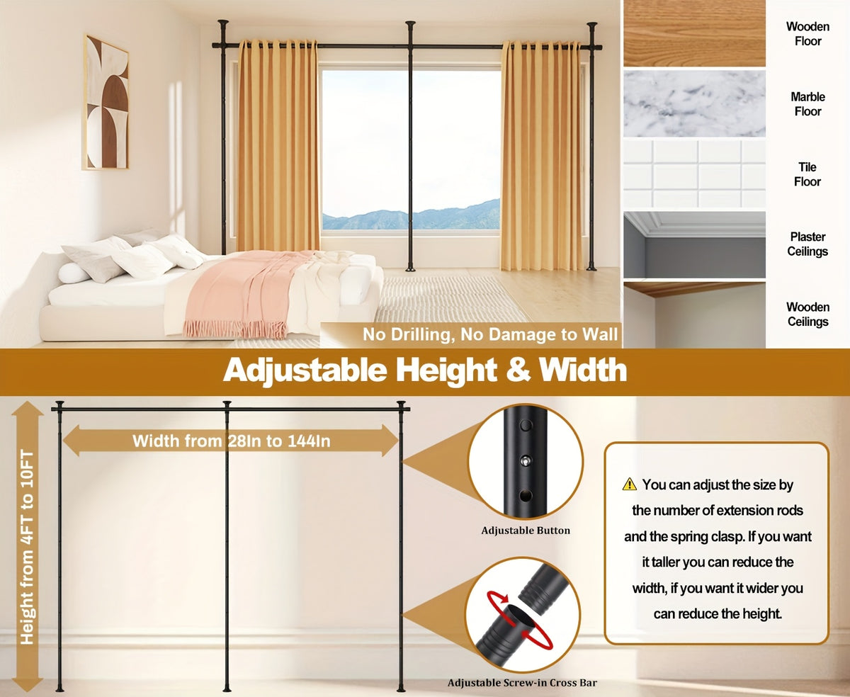 Floor to Ceiling Room Divider Rod No Drill Tension – Adjustable 4-10ft Tall 28-114" Wide Heavy Duty Curtain Partition Stand for Bedroom Studio Apartment, Matte Black White
