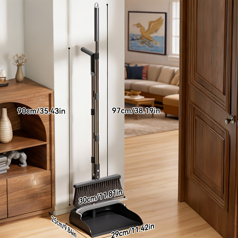 Broom and Dustpan Set with 51 Inch Adjustable Long Handle 2 Interchangeable Broom Heads – No-Bend Upright Sweeping Set for Indoor Outdoor Home Office Kitchen Garden